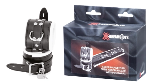 Artikelbild des Artikels “XX-DREAMSTOYS Leder-Handfessel breit abschließbar weiss/schwarz “