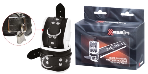 Artikelbild des Artikels “XX-DREAMSTOYS Leder-Fuß fessel breit abschließbar weiss/schwarz “